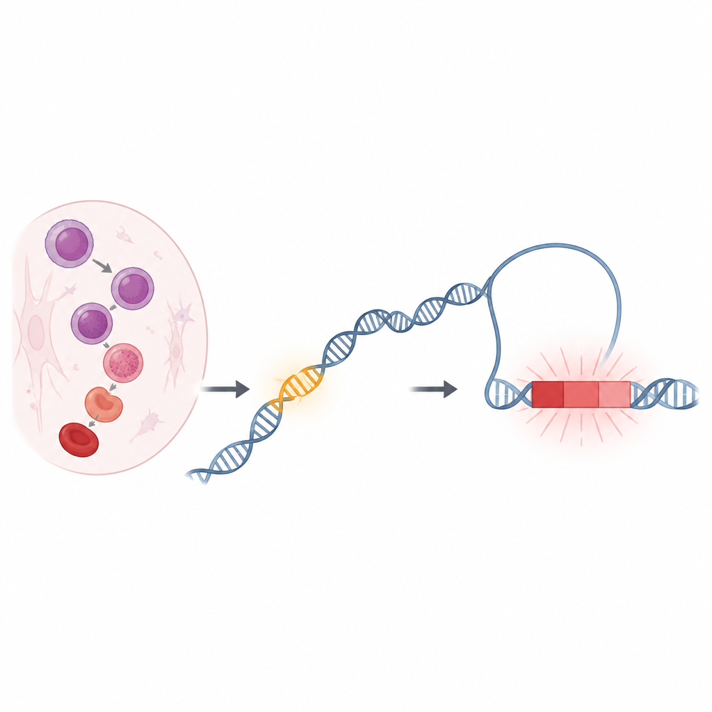Figure 1. Uzak bir DNA kontrol bölgesi, erken kırmızı kan hücresi gelişimi sırasında anahtar bir geni açar.