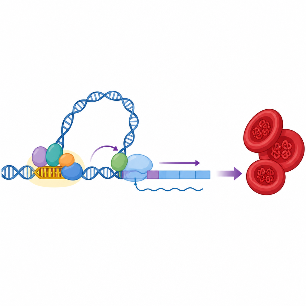 Figure 2. Yakın bir DNA döngüsü ve proteinler NR2F2'yi etkinleştirir ve kırmızı kan hücrelerinde fetal hemoglobini artırır.