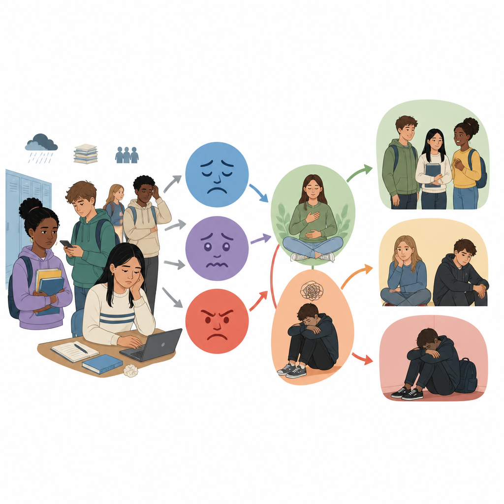 Figure 1. Wie Jugendliche mit Traurigkeit, Angst und Wut umgehen, verbindet alltäglichen Stress mit unterschiedlichen Schweregraden von Lebensschwierigkeiten.