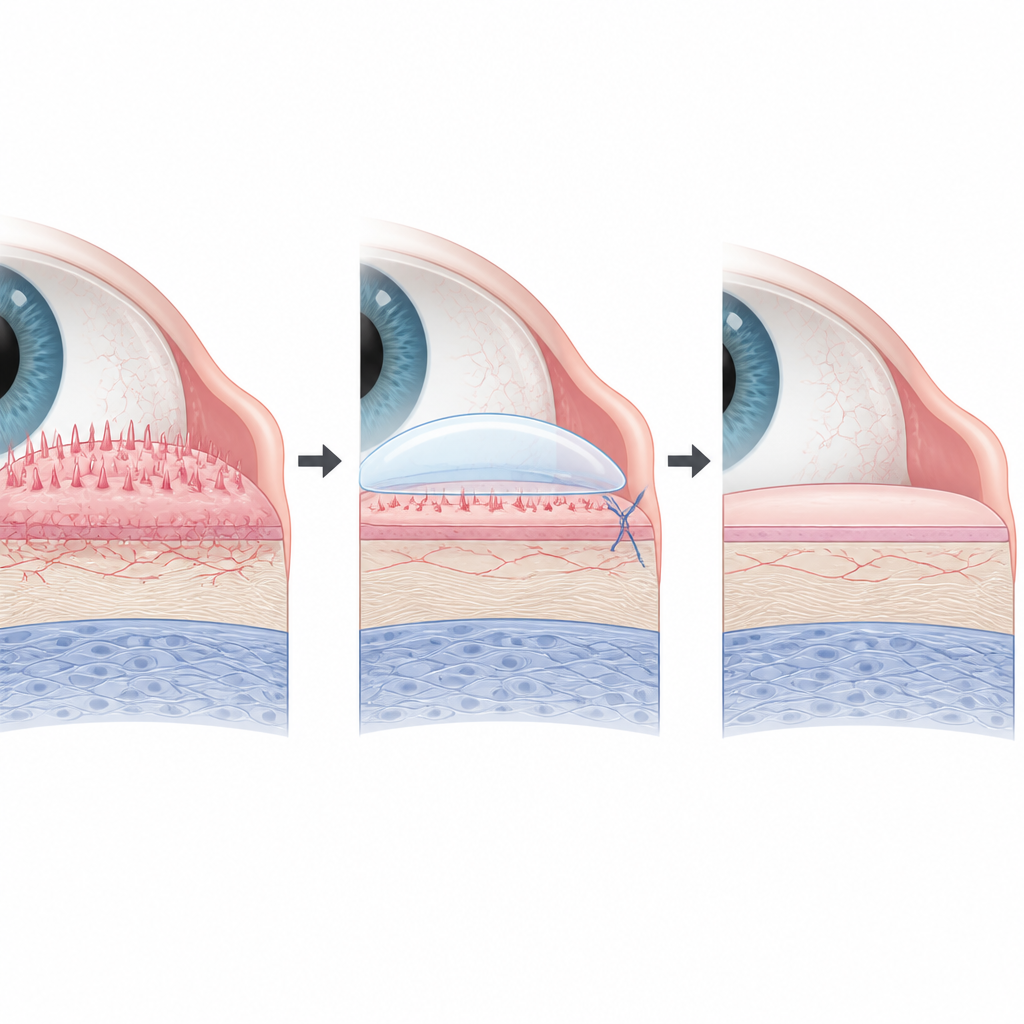 Figure 2. W jaki sposób mniejsza liczba szwów i opatrunkowa soczewka kontaktowa łagodzą zapalenie powierzchni oka po zabiegu pterygium.