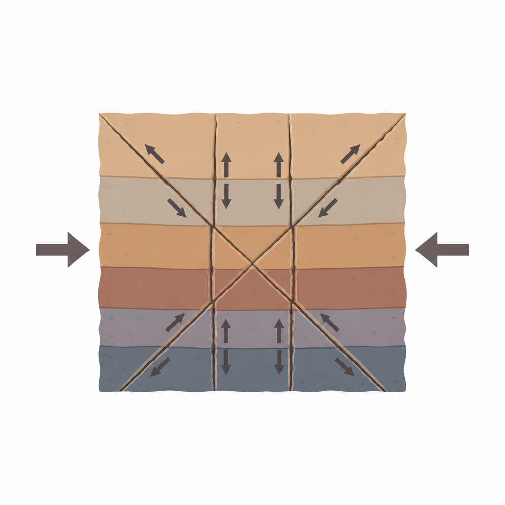Figure 2. Wie seitliches Zusammendrücken alte diagonale Verwerfungen mit neuen vertikalen Brüchen verband und ein dreizügiges Bruchnetz in tiefen Krustenformationen bildete.