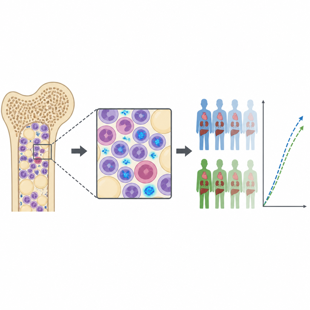 Figure 2. Wie gefärbte Knochenmarkzellen Proteinablagerungen sichtbar machen und mit Organsymptomen zusammenhängen, während das Überleben ähnlich bleibt.