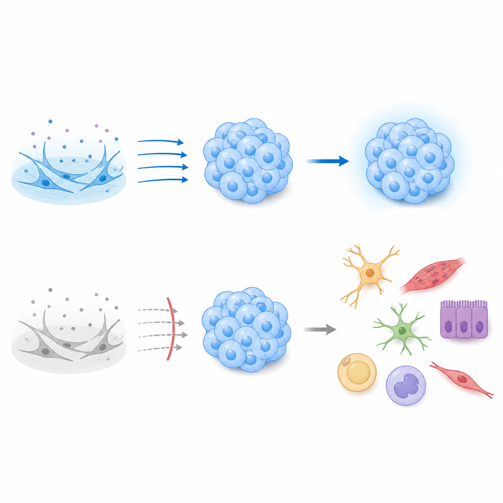 Figure 1. Un segnale di supporto esterno mantiene un gruppo di cellule staminali in uno stato flessibile oppure le lascia deviare verso tipi cellulari specializzati.