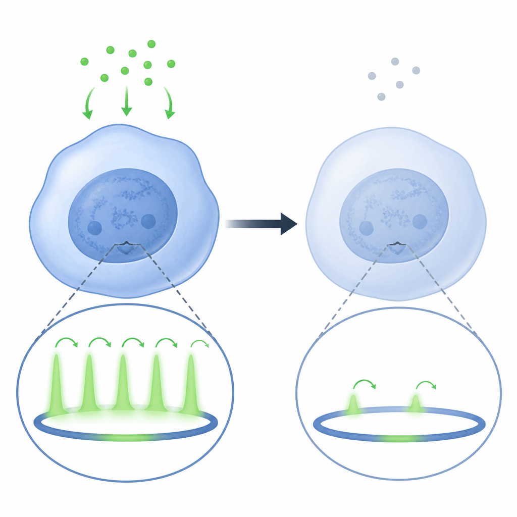 Figure 2. Il segnale esterno modifica la frequenza e l’intensità dei picchi di attività di un gene chiave all’interno del nucleo di una cellula staminale, spostandone il comportamento.