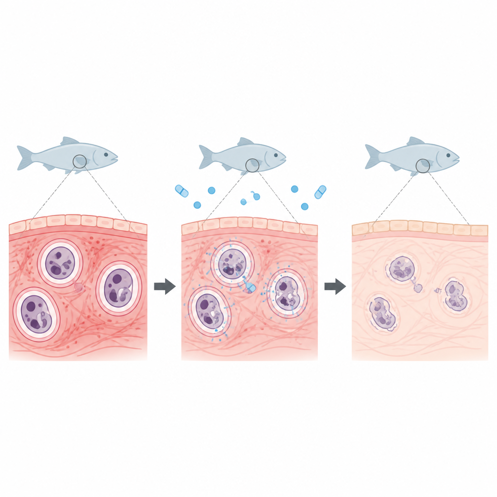 Figure 2. Il praziquantel che raggiunge le cisti parassitarie nei tessuti del pesce e le disgrega, riducendo danni e infiammazione.