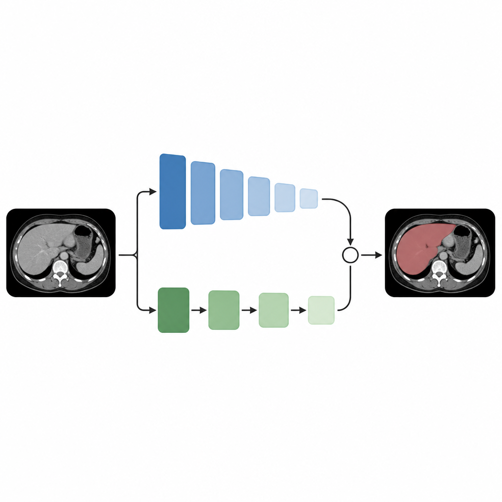 Figure 2. Two linked pathways combine fine details and broad context to mark the liver in CT images.