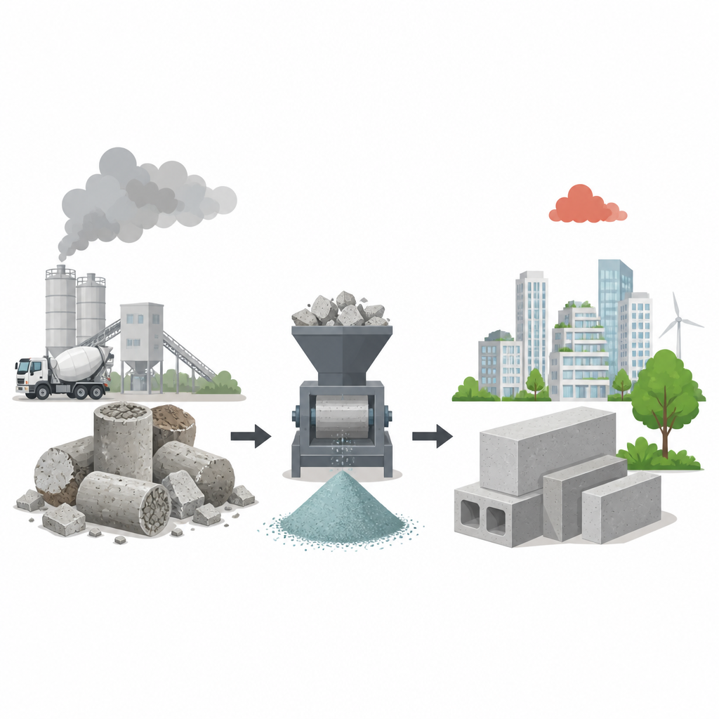 Figure 1. Il calcestruzzo di laboratorio viene macinato in polvere e riutilizzato per produrre nuovo calcestruzzo a minore impronta carbonica per edifici e città.