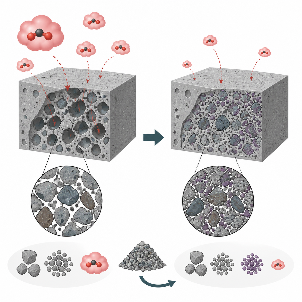 Figure 2. Sostituire una piccola quota di cemento con polvere riciclata rende il calcestruzzo leggermente più denso e riduce le emissioni senza una grande perdita di resistenza.