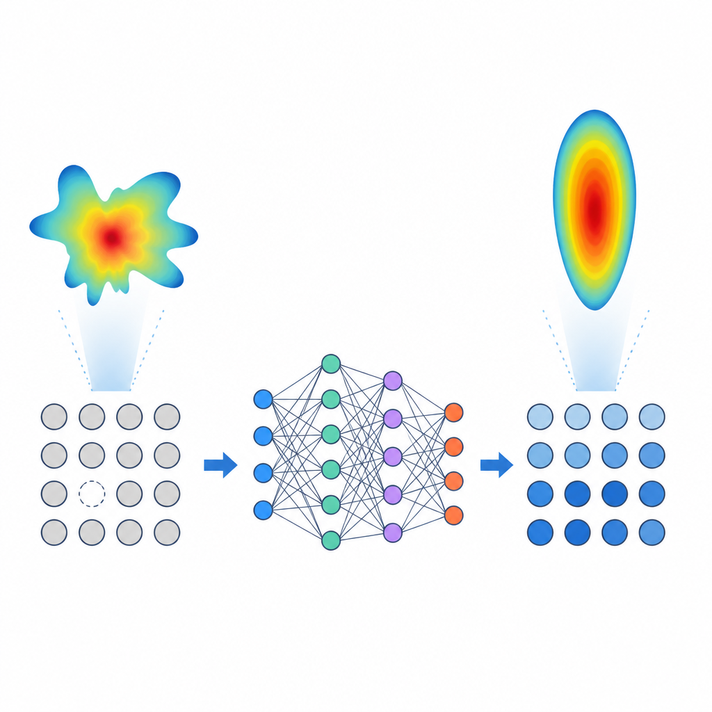 Figure 2. Wie ein neuronales Netzwerk ein verzerrtes Strahlmuster liest und Antennenphasen anpasst, um einen fokussierten Strahl wiederherzustellen.