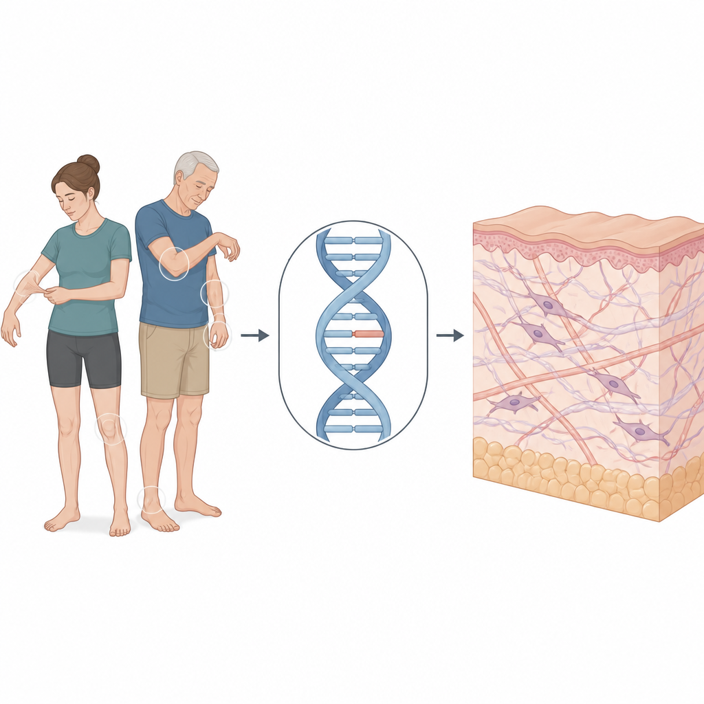 Figure 1. Jak ukryta zmiana DNA w genie kolagenu prowadzi do kruchej skóry i nadmiernej ruchomości stawów w jednej rodzinie.