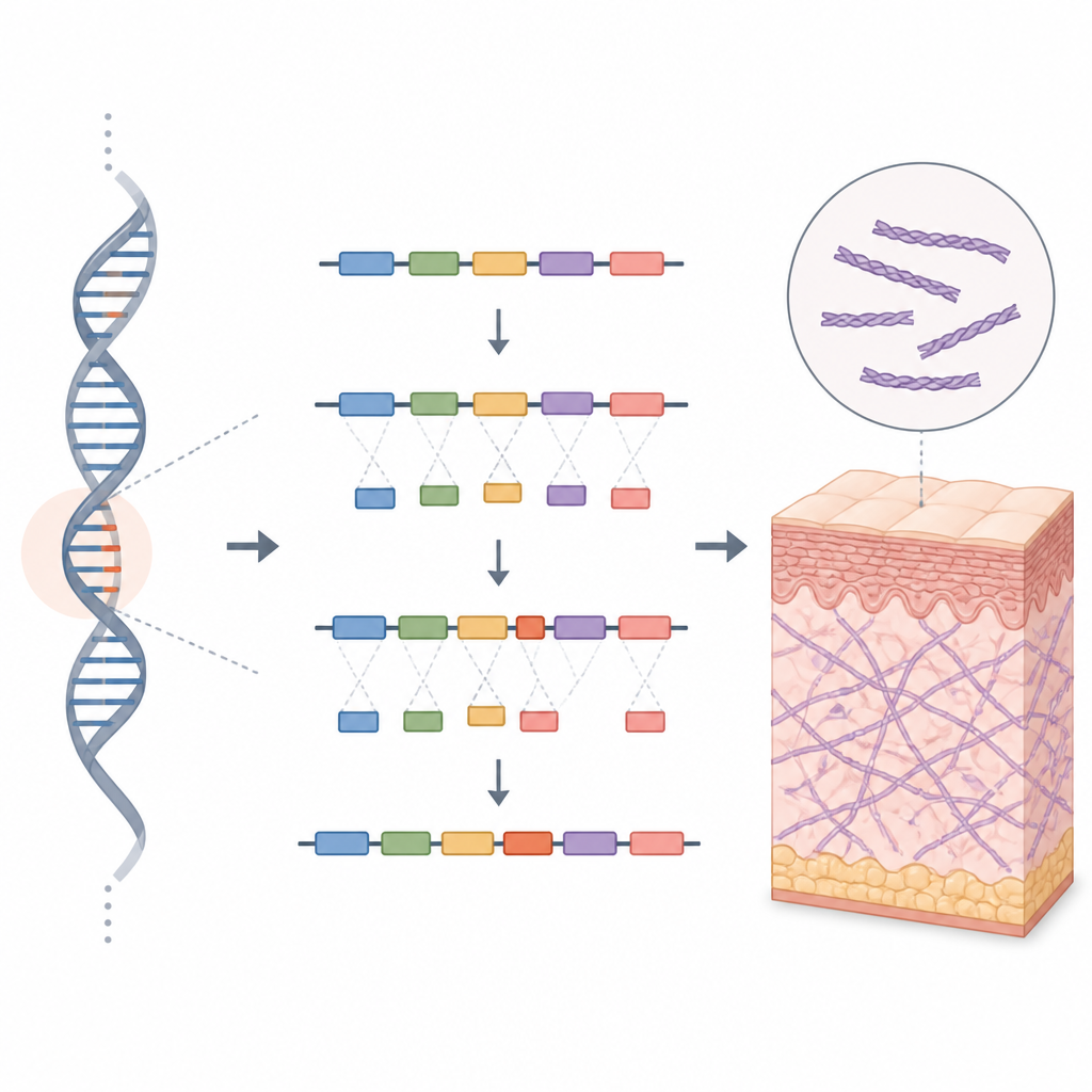 Figure 2. Jak głęboko położona zmiana DNA powoduje włączenie dodatkowego fragmentu RNA, skrócenie białka kolagenu i osłabienie podpori skóry.