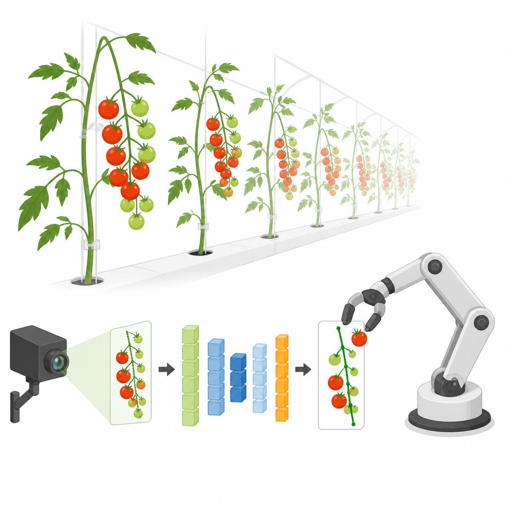 Figure 1. Wie Kameras und ein kompaktes Modell einen Roboter leiten, indem sie die empfindlichen Stiele lokalisieren, an denen Cocktailtomaten hängen.