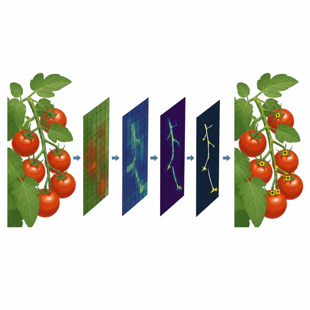 Figure 2. Wie ein KI‑Modell schrittweise dünne Tomatenstiele aus unübersichtlichen Bildern isoliert, um präzise Schnittpunkte zu markieren.