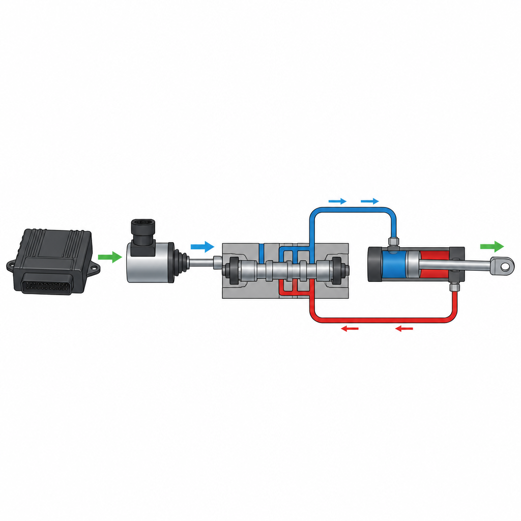 Figure 1. Jak sygnał elektryczny kieruje olej przez zawór, aby wytworzyć płynny, kontrolowany ruch w cylindrze hydraulicznym