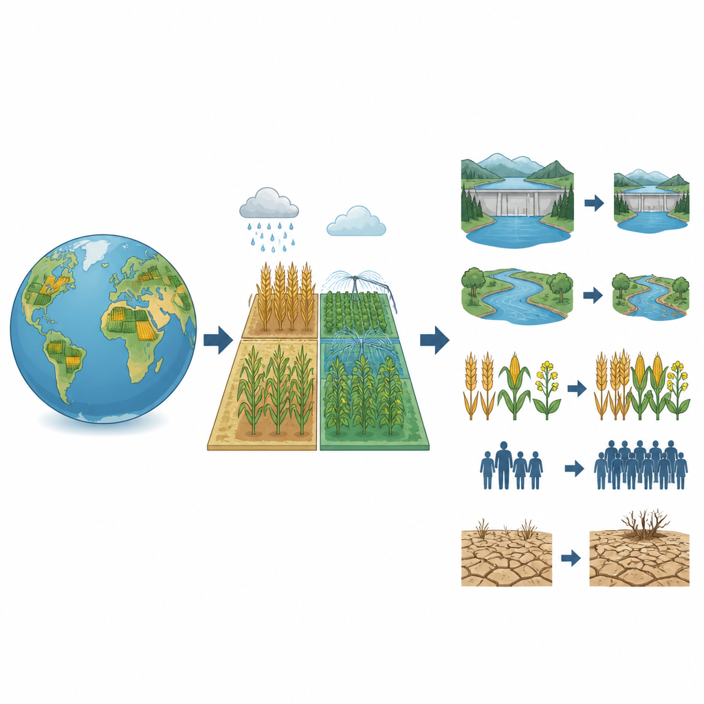 Figure 1. Wie die Ausweitung landwirtschaftlicher Flächen und veränderte Ernährungsweisen weltweit das versteckte Wasser erhöhen, das in den letzten fünf Jahrzehnten zur Nahrungsmittelproduktion benötigt wurde.