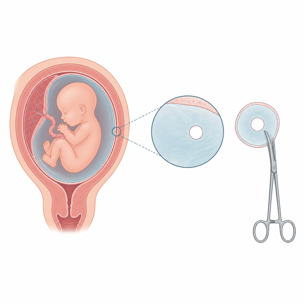 Figure 1. Cómo un trozo de la bolsa amniótica cultivado en el laboratorio puede ayudar a probar formas de mantener los embarazos seguros tras una cirugía fetal.