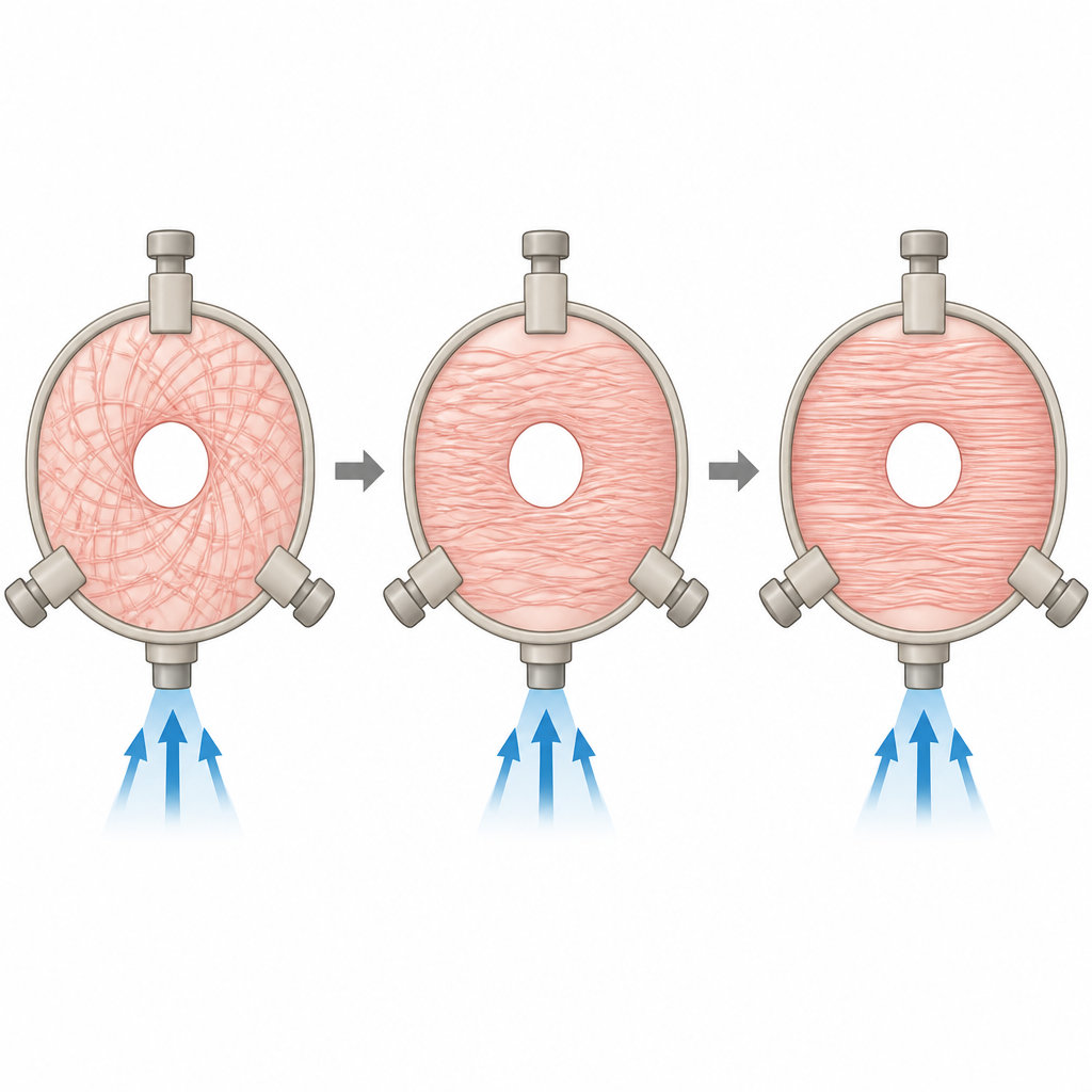 Figure 2. Vista paso a paso de cómo un parche de membrana fetal sujeto con una pinza y con un orificio se somete a tensión y sus fibras se realinean con el tiempo en el laboratorio.