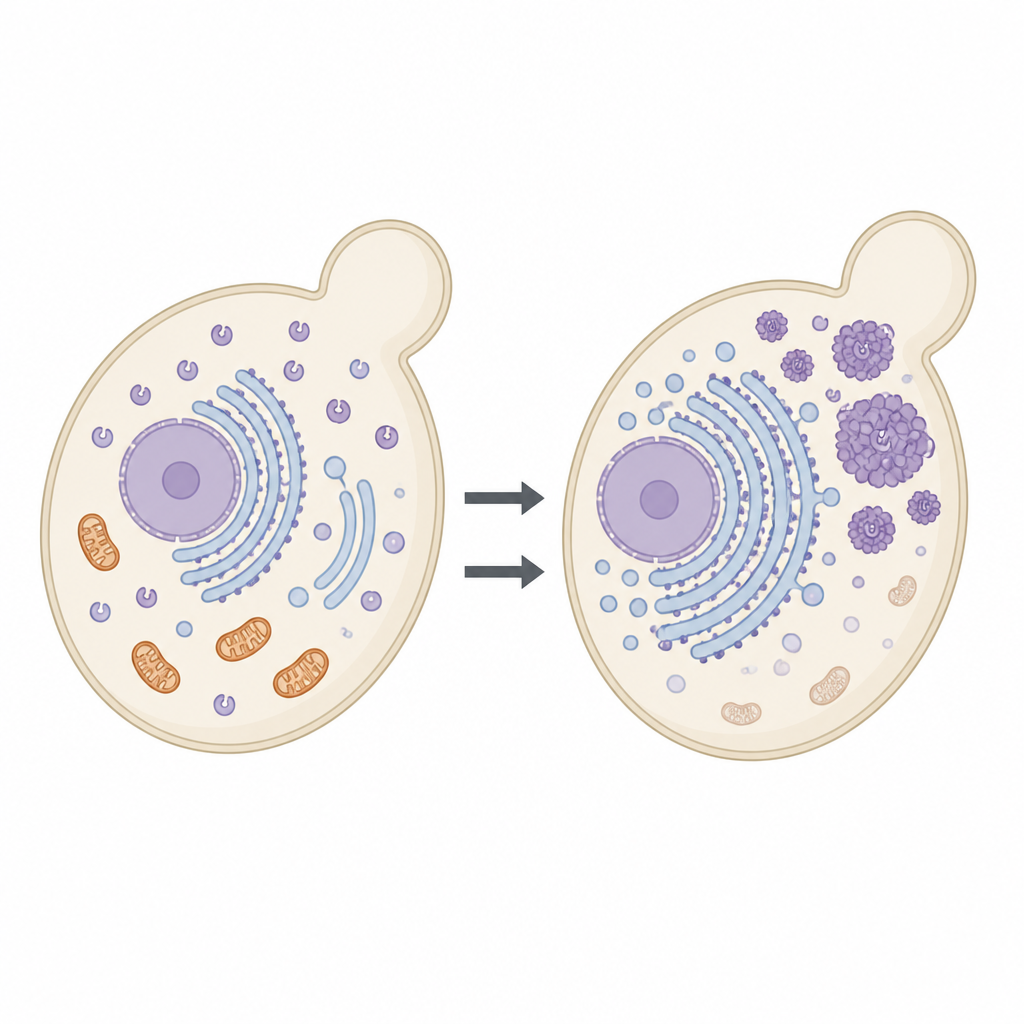 Figure 1. Come il cambiamento dello stato di una singola proteina nel lievito sposti l’equilibrio cellulare tra produzione proteica e utilizzo dell’energia.