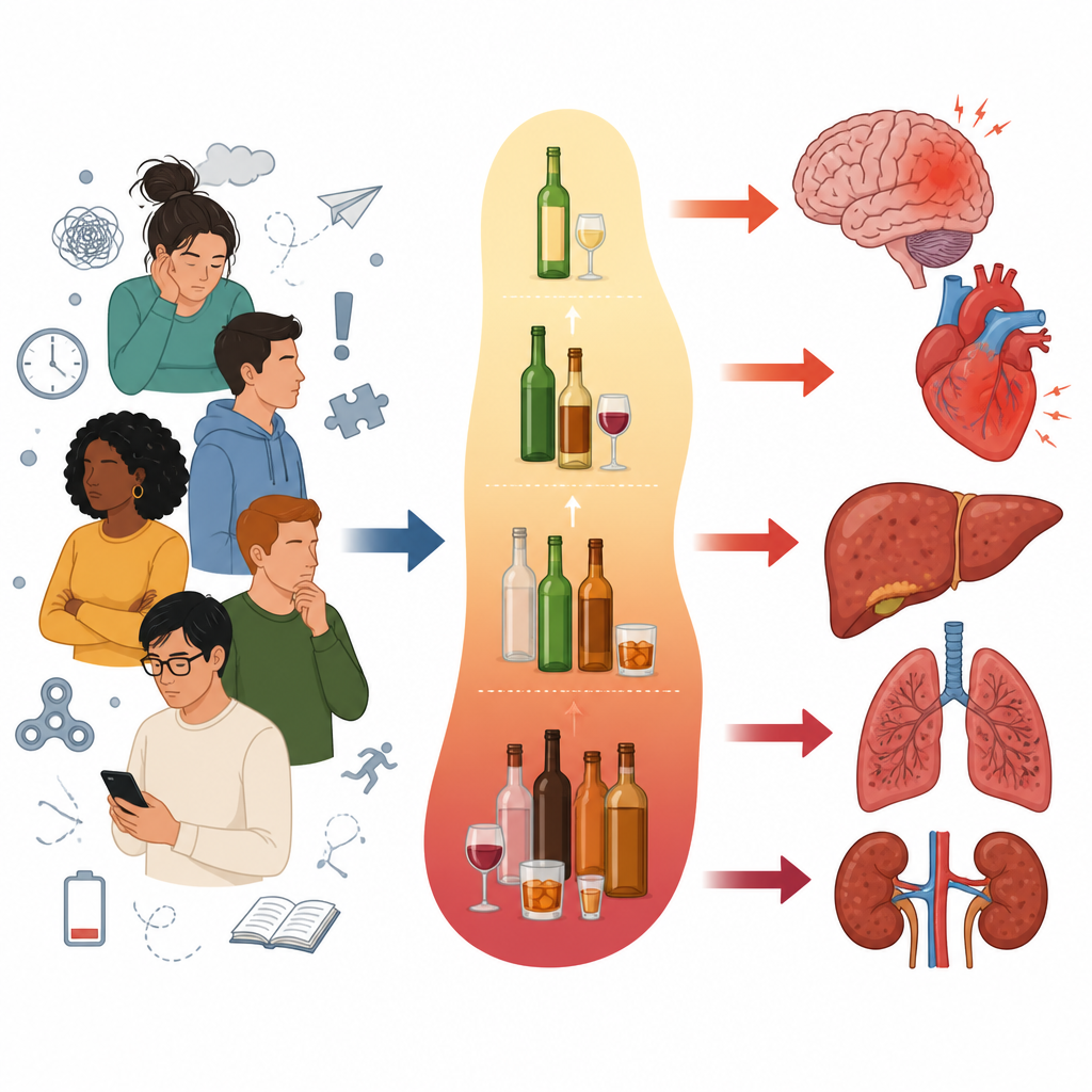 Figure 1. Cómo el TDAH en adultos, el consumo excesivo de alcohol y numerosas enfermedades corporales están conectados en un panorama general.