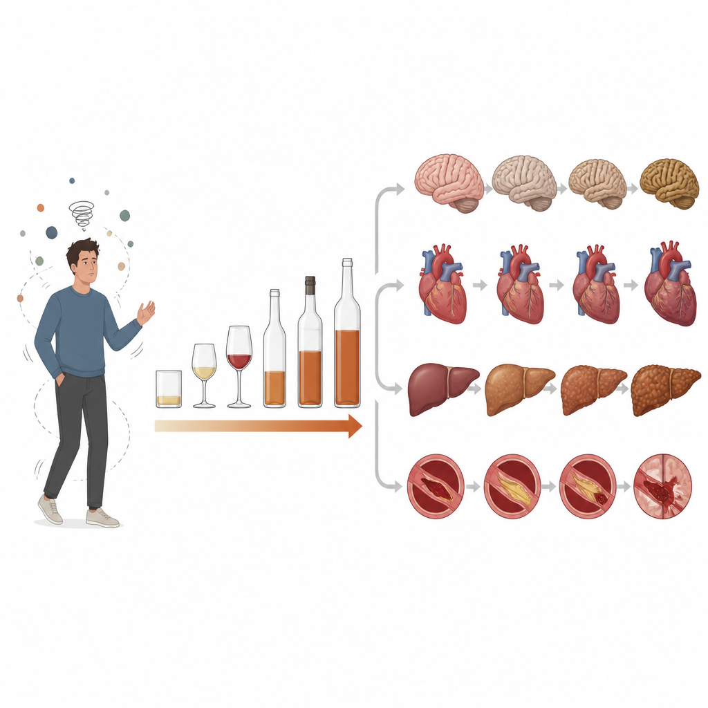 Figure 2. Cómo el aumento del consumo de alcohol en adultos con síntomas de TDAH conduce paso a paso a daños en órganos clave como el cerebro y el corazón.