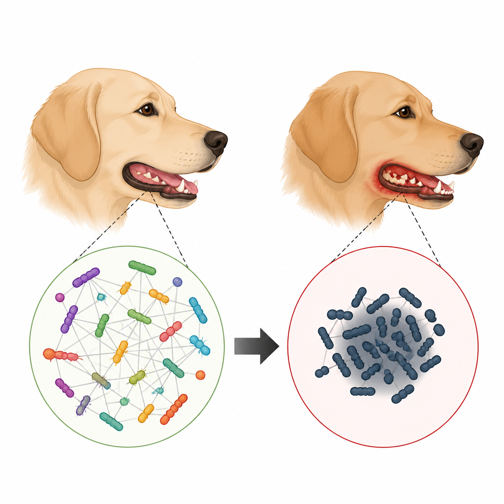 Figure 1. Köpek ağız bakterilerinin periodontal hastalıkta çeşitli, sağlıklı topluluklardan tekdüze bir hastalık desenine nasıl kaydığı.