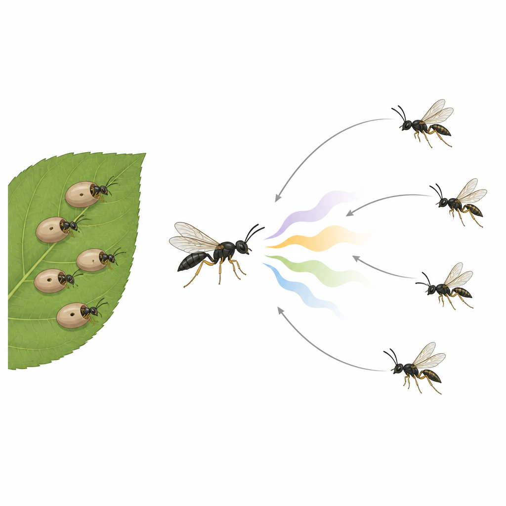 Figure 1. تستخدم الدبابير الطفيلية الصغيرة إشارة عطرية فائقة القوة للعثور على الشركاء والمساهمة في مكافحة آفات العث.
