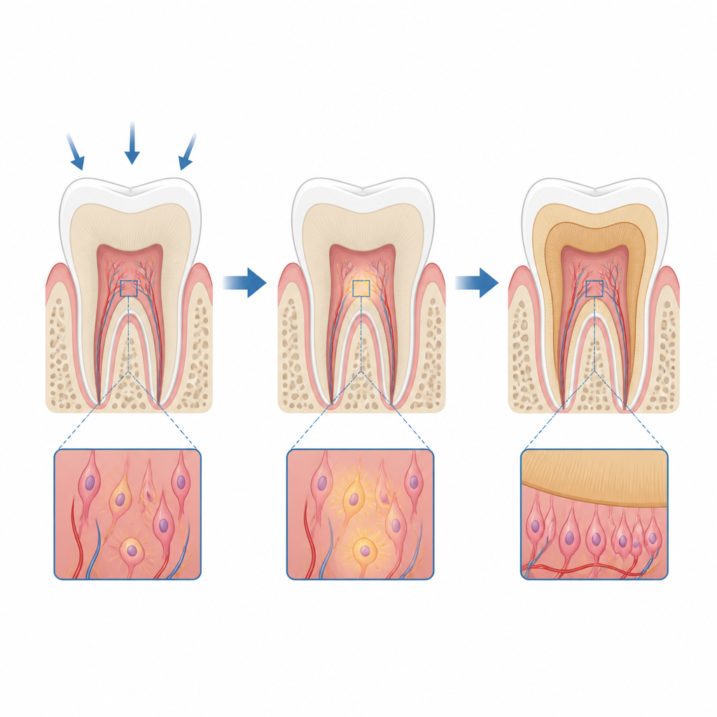 Figure 1. Dişlere uygulanan hafif basınç, zaman içinde dentin tabakasını güçlendiren ve onaran iç hücreleri tetikler.