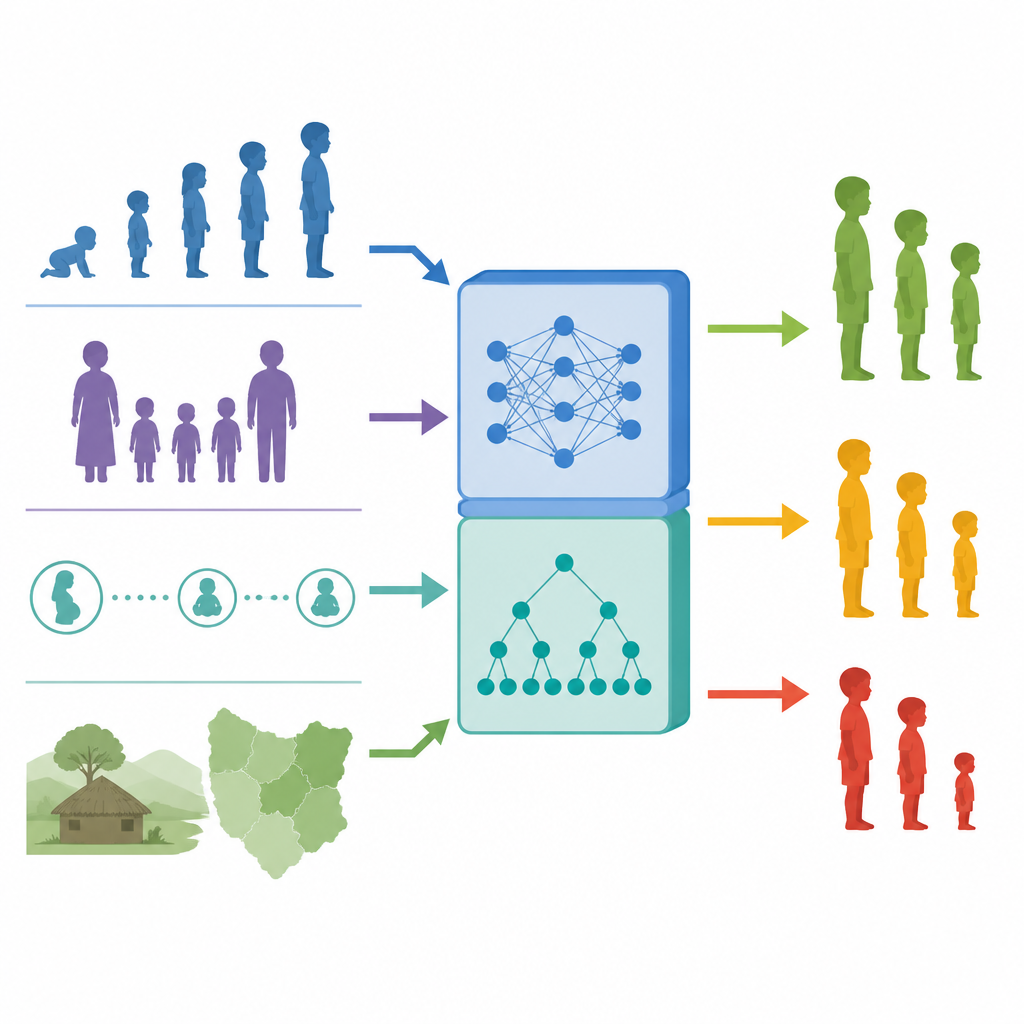 Figure 2. Como um modelo de IA em duas partes combina pistas como idade, região e intervalo entre nascimentos para sinalizar níveis de risco de atraso de crescimento.