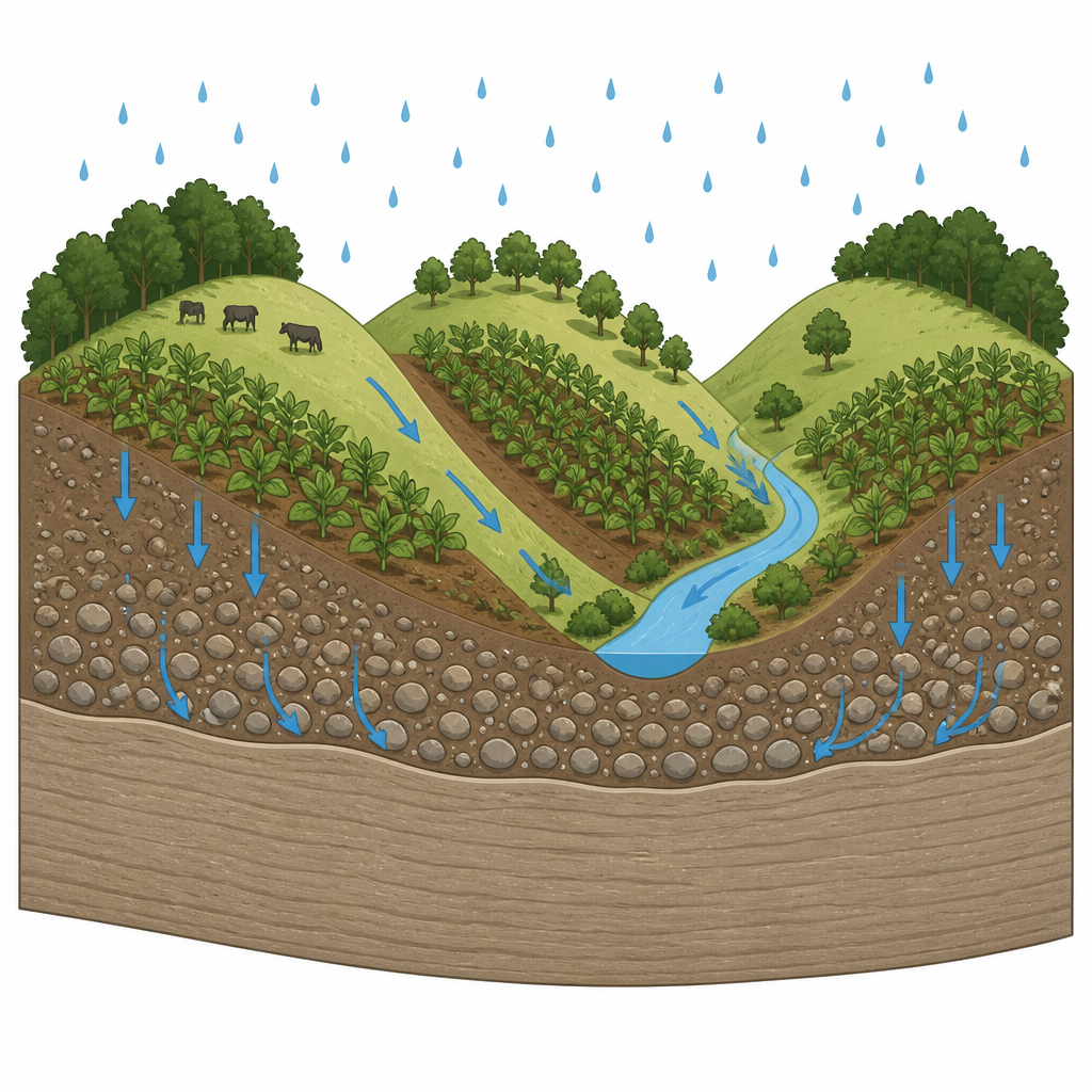 Figure 1. Come l’acqua piovana sceglie tra impregnare i suoli stratificati del pendio o defluire verso il corso d’acqua vallivo.
