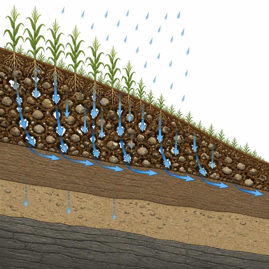 Figure 2. Come l’acqua si muove nel suolo superficiale sciolto e poi devia lateralmente lungo uno strato più compatto nascosto sotto un pendio coltivato.