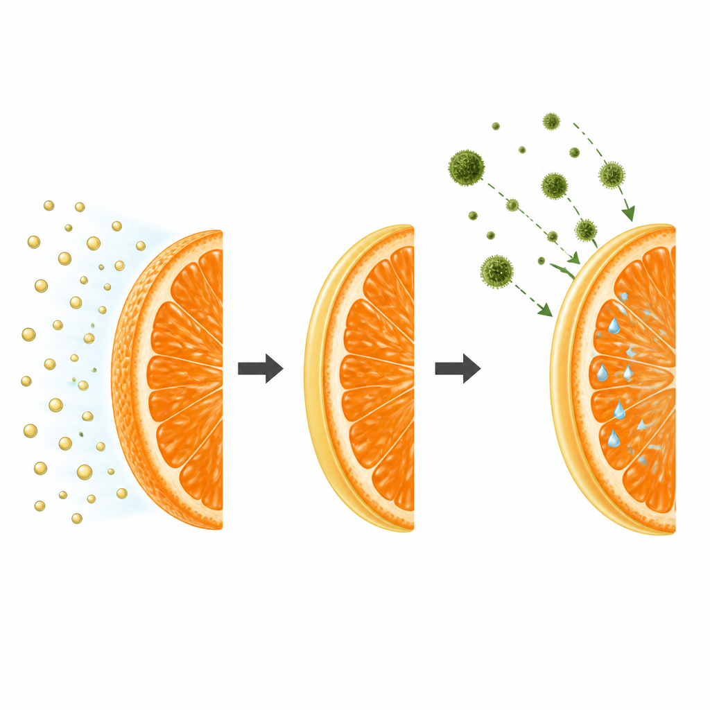 Figure 2. Kleine druppeltjes oregano-olie vormen een barrière op de mandarijnschil die schimmel tegenhoudt en vochtverlies vertraagt.