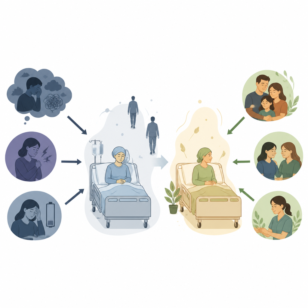 Figure 2. Symptoms, mood, and weak support increase cancer loneliness, while caring relationships and active coping can ease it.