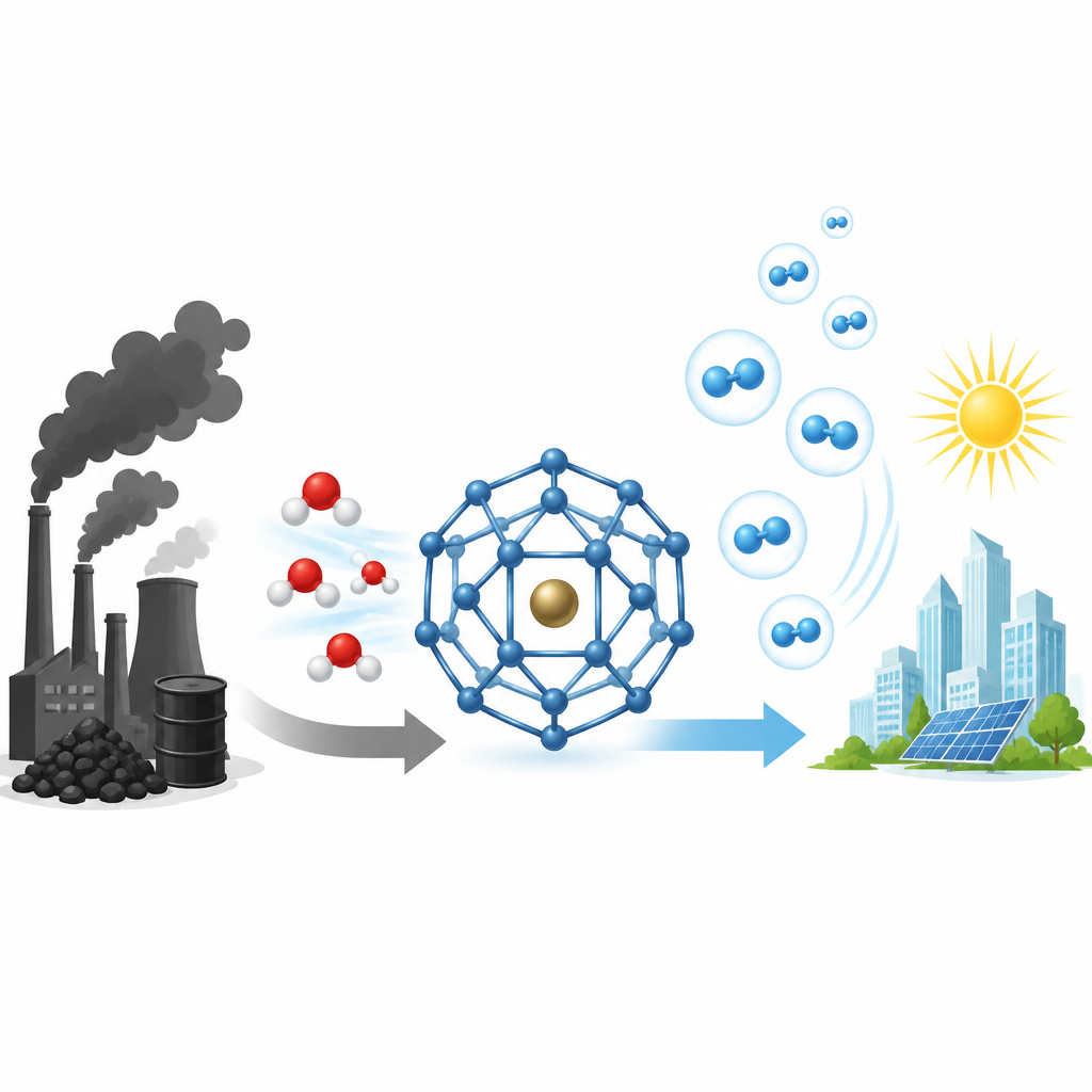 Figure 1. Water omzetten in schone waterstof met enkel metalen atomen op kleine boorstructuren in plaats van edelmetalen.