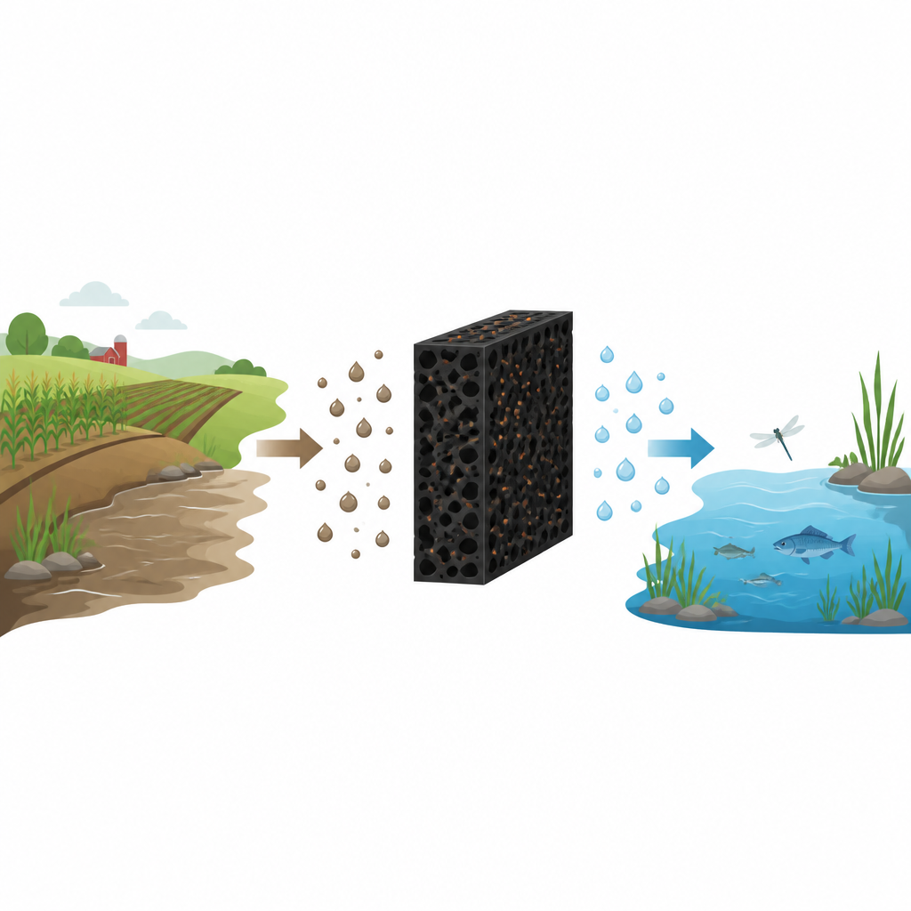 Figure 1. Biochar z odpadów rolnych i łagodny utleniacz łączą siły, by oczyścić wodę z opornego pestycydu.