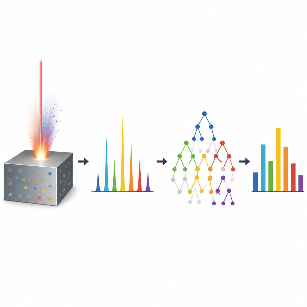 Figure 1. Laserlicht van metaal dat een boomachtig model voedt dat gekleurde balken uitspuugt voor elk element in de legering.