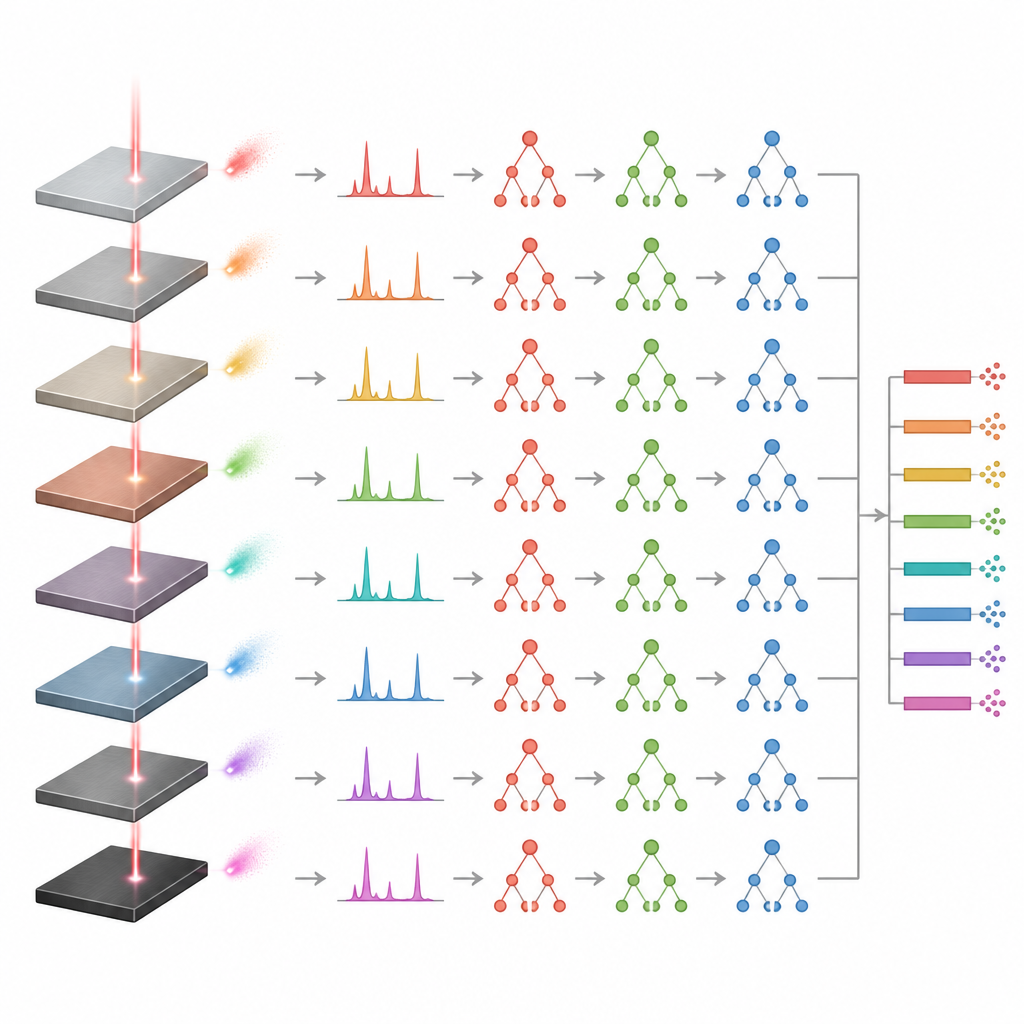 Figure 2. Lagen van legeringsmonsters die spectra naar drie boomensambles sturen die samenkomen in nauw gegroepeerde samenstellingsbalken.