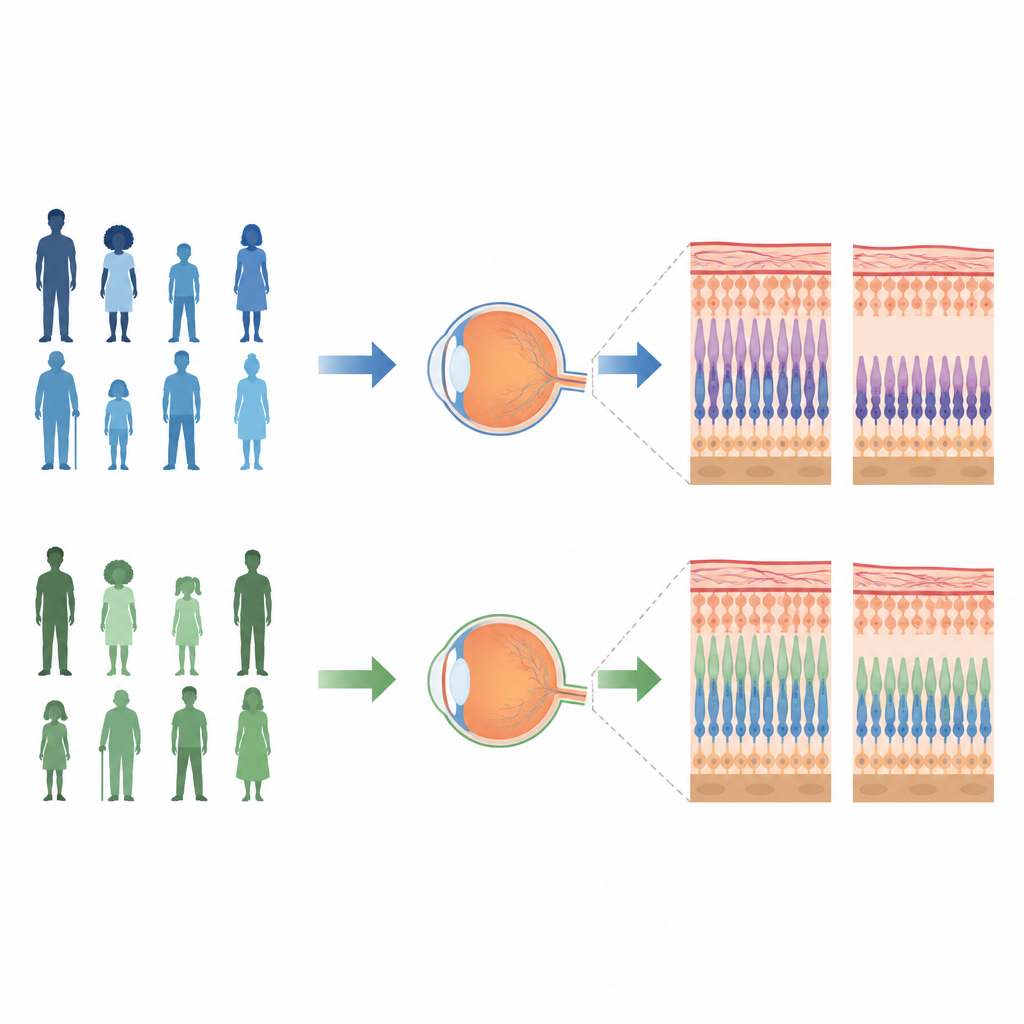 Figure 1. Diverse alterazioni del gene EYS determinano schemi di danno retinico più lievi o più gravi nella retinite pigmentosa.
