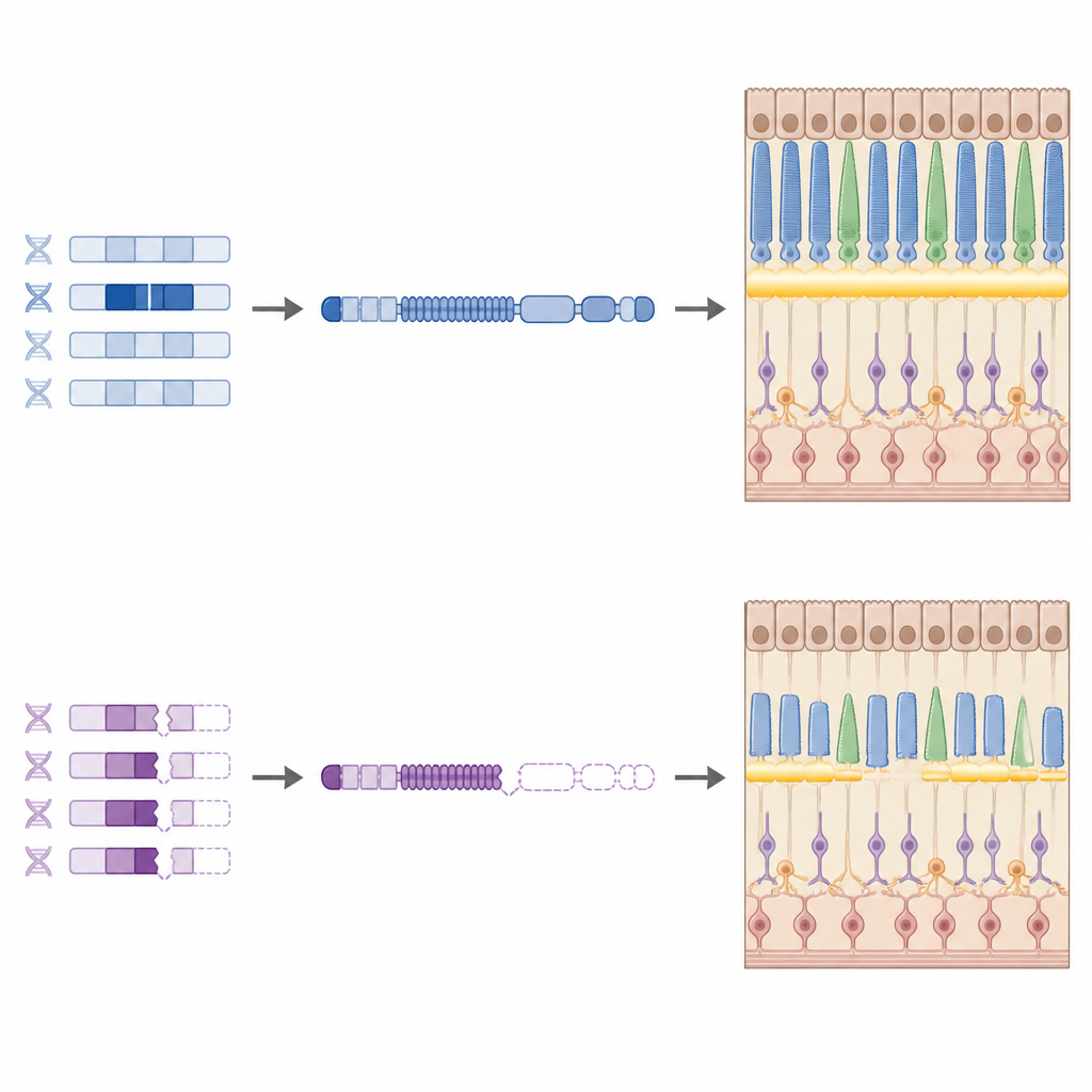 Figure 2. Una specifica variante di EYS lascia intatto un maggior tratto dello strato fotosensibile, visibile come una banda brillante più estesa nelle scansioni retiniche.