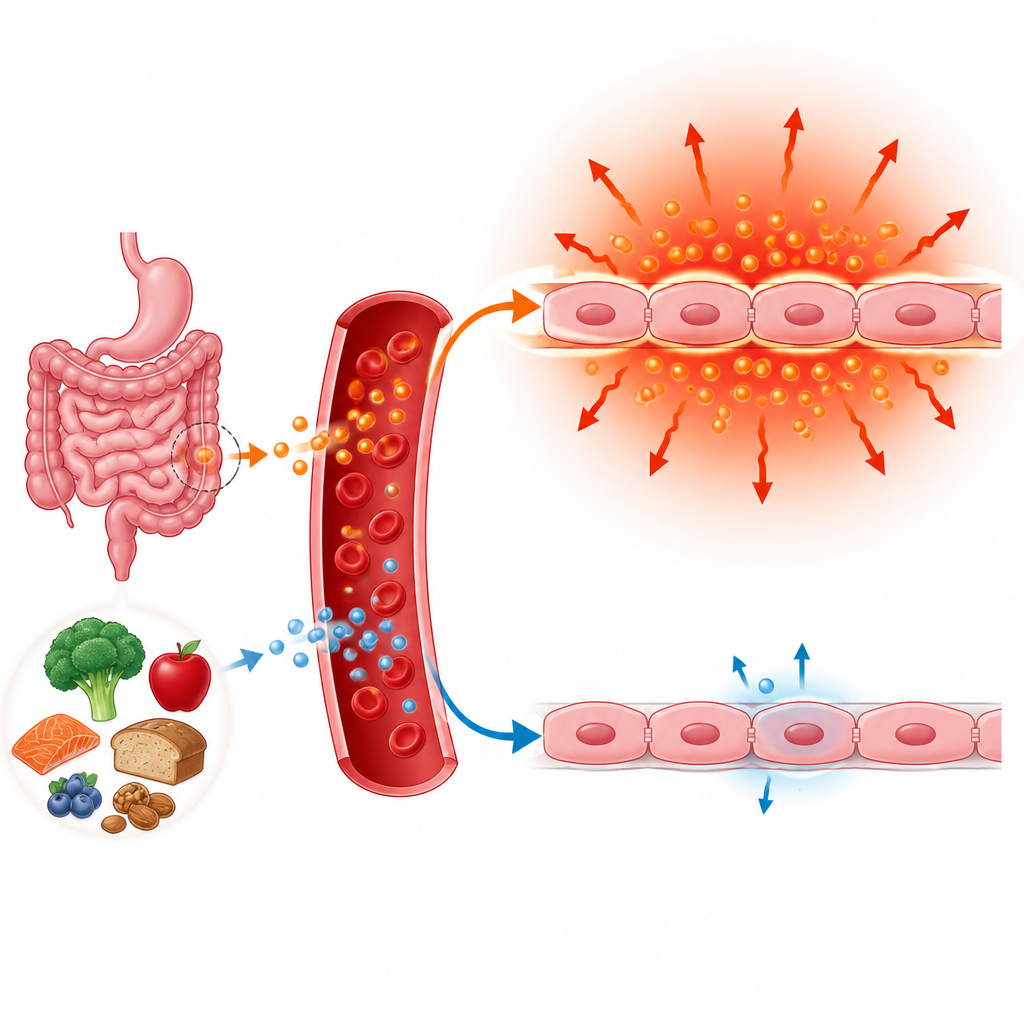 Figure 1. Wie ein darmbasiertes chemisches Signal und ein Immunsignal winzige Blutgefäße, die mit Herz‑ und Stoffwechselerkrankungen assoziiert sind, unterschiedlich belasten.