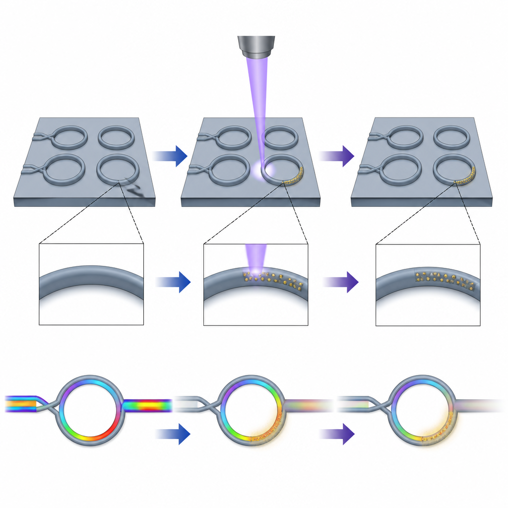 Figure 1. Come l’aggiunta di piccolissime particelle d’oro agli anelli che guidano la luce su un chip di silicio ne cambia il comportamento.