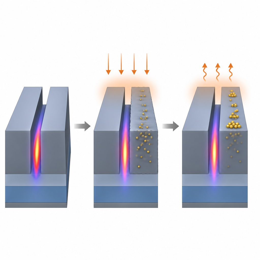 Figure 2. Come ioni d’oro in un canale ottico minuscolo si trasformano in nanoparticelle durante il riscaldamento e influenzano la guida della luce.