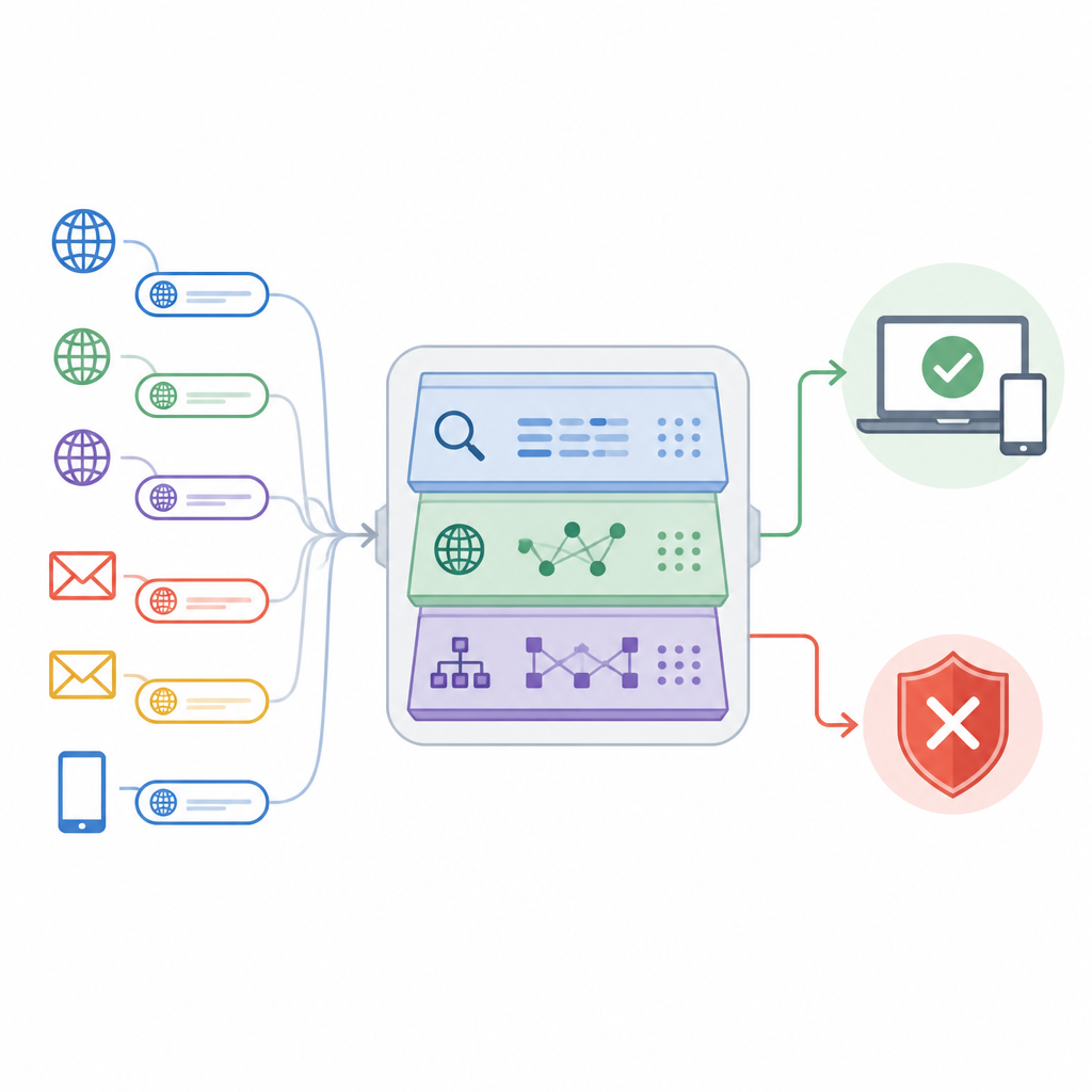 Figure 1. Wie intelligente URL‑Analyse schädliche Links filtert, bevor sie die Browser der Nutzer erreichen.