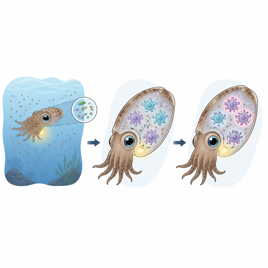 Figure 1. Cómo pequeñas partículas magnéticas ayudan a los científicos a seguir asociaciones con microbios beneficiosos dentro de un pequeño calamar luminiscente.