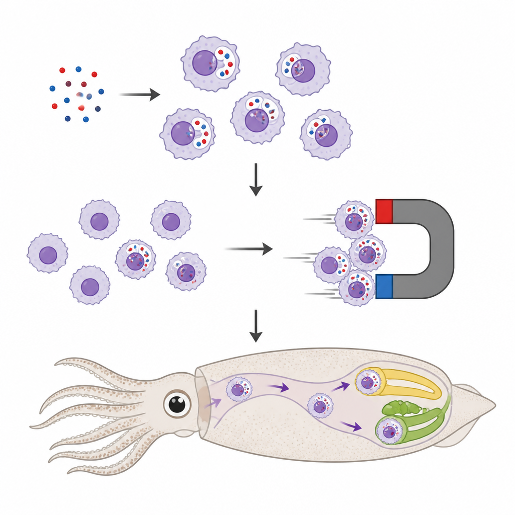 Figure 2. Cómo las células inmunitarias del calamar ingieren partículas magnéticas, se separan con un imán y luego se desplazan hacia el órgano luminoso del calamar.