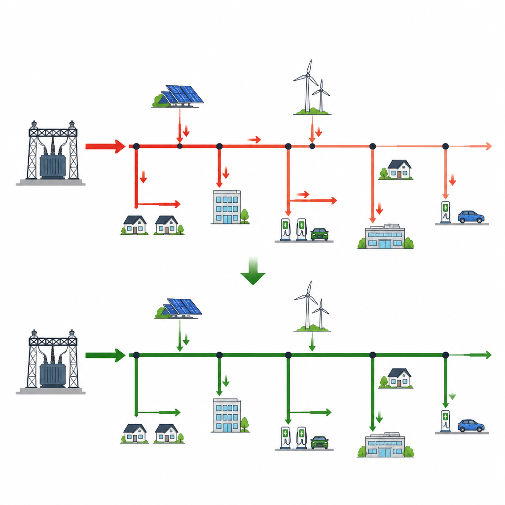Figure 2. Optymalny układ paneli, turbin i ładowarek zmniejsza wahania napięcia i marnotrawstwo energii wzdłuż zasilacza.
