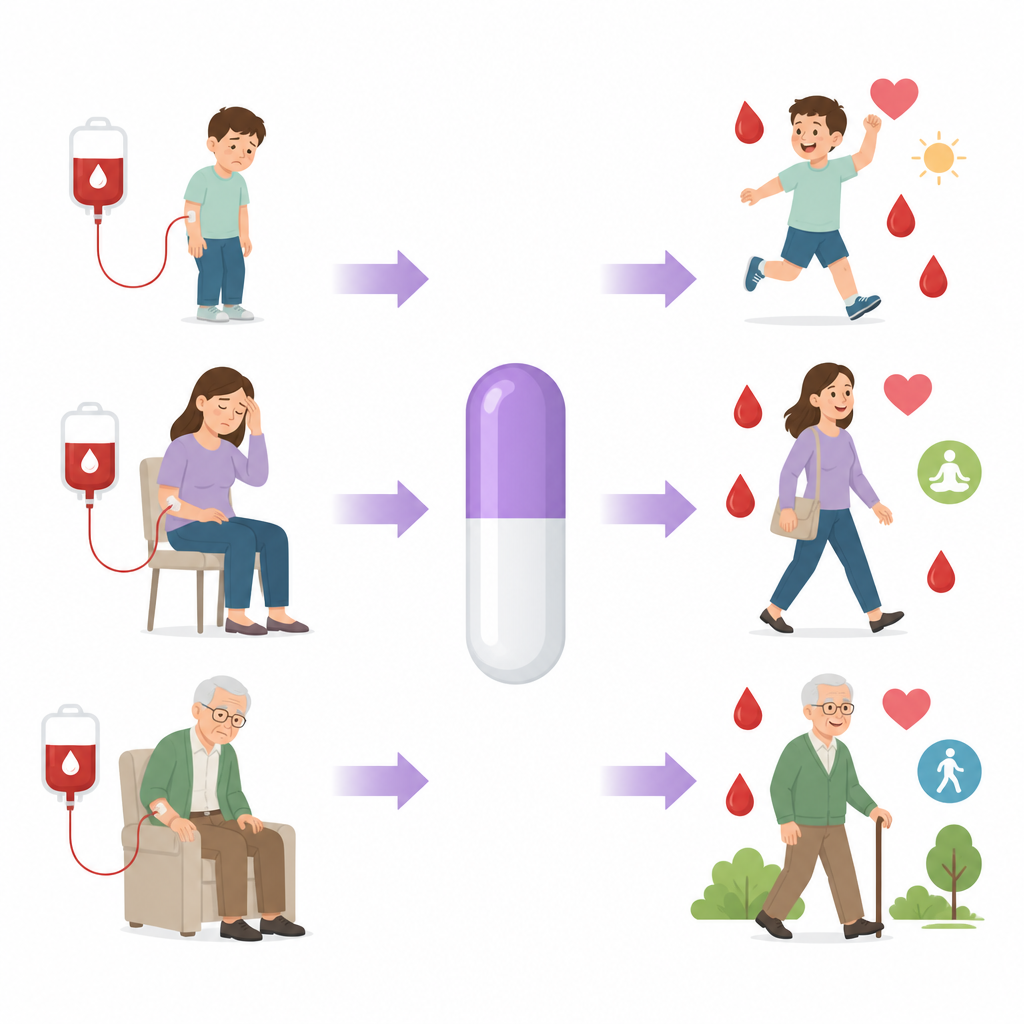 Figure 1. Wie eine umgenutzte Tablette Bluttransfusionen reduzieren und die Energie von Menschen mit Beta-Thalassämie steigern kann.