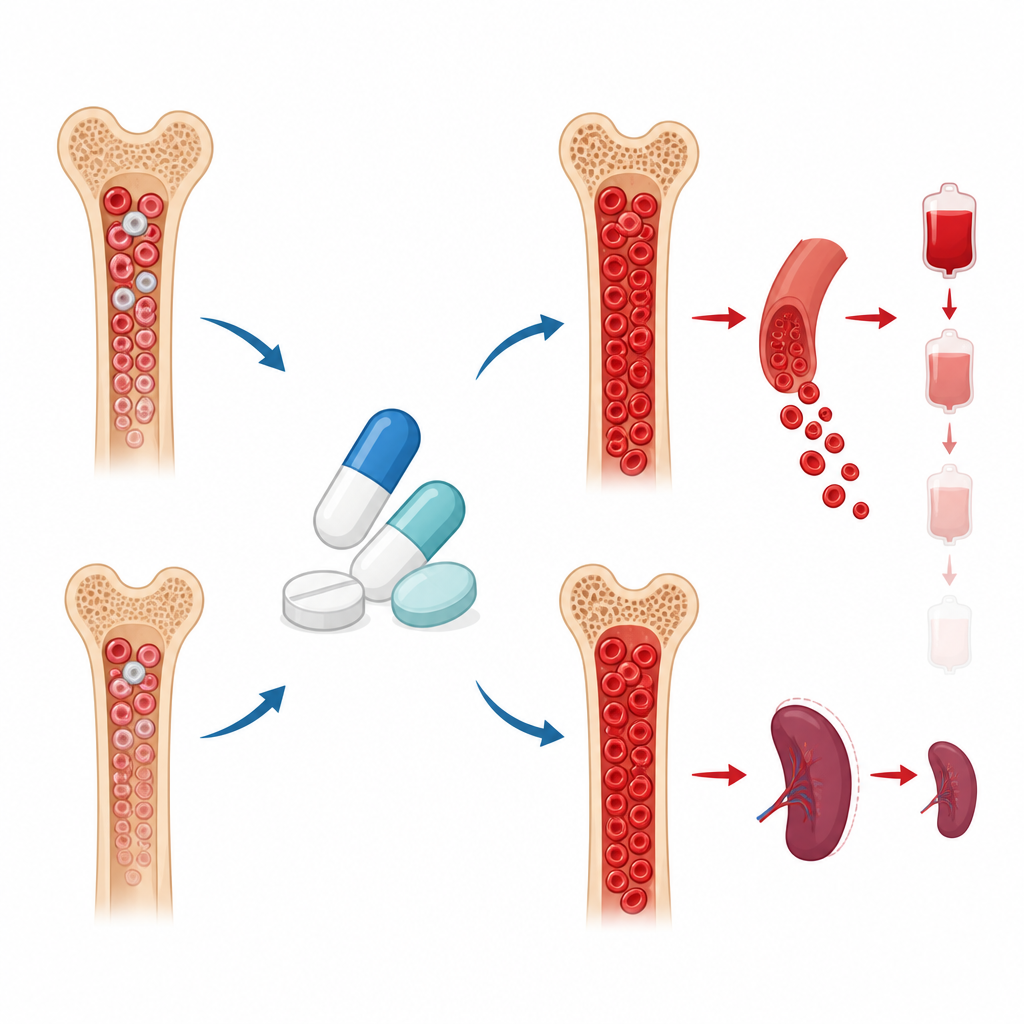 Figure 2. Wie eine Tablette die Blutbildung im Knochenmark verändert, um Hämoglobin zu erhöhen und den Transfusionsbedarf bei Beta-Thalassämie zu senken.
