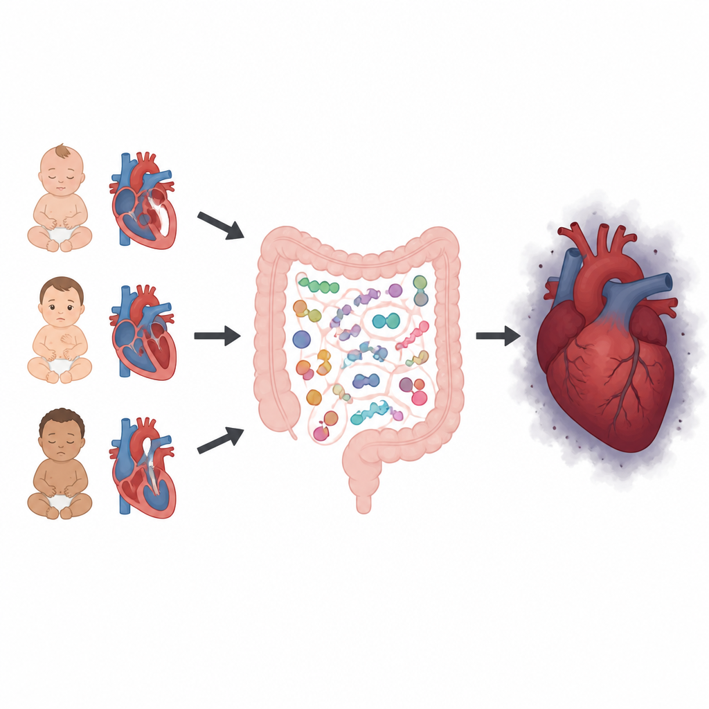 Figure 1. How baby gut microbes and their chemicals connect to weak hearts in congenital heart disease.