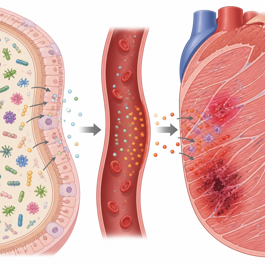 Figure 2. Stepwise view of gut microbe chemicals entering blood and stressing heart tissue in infants.