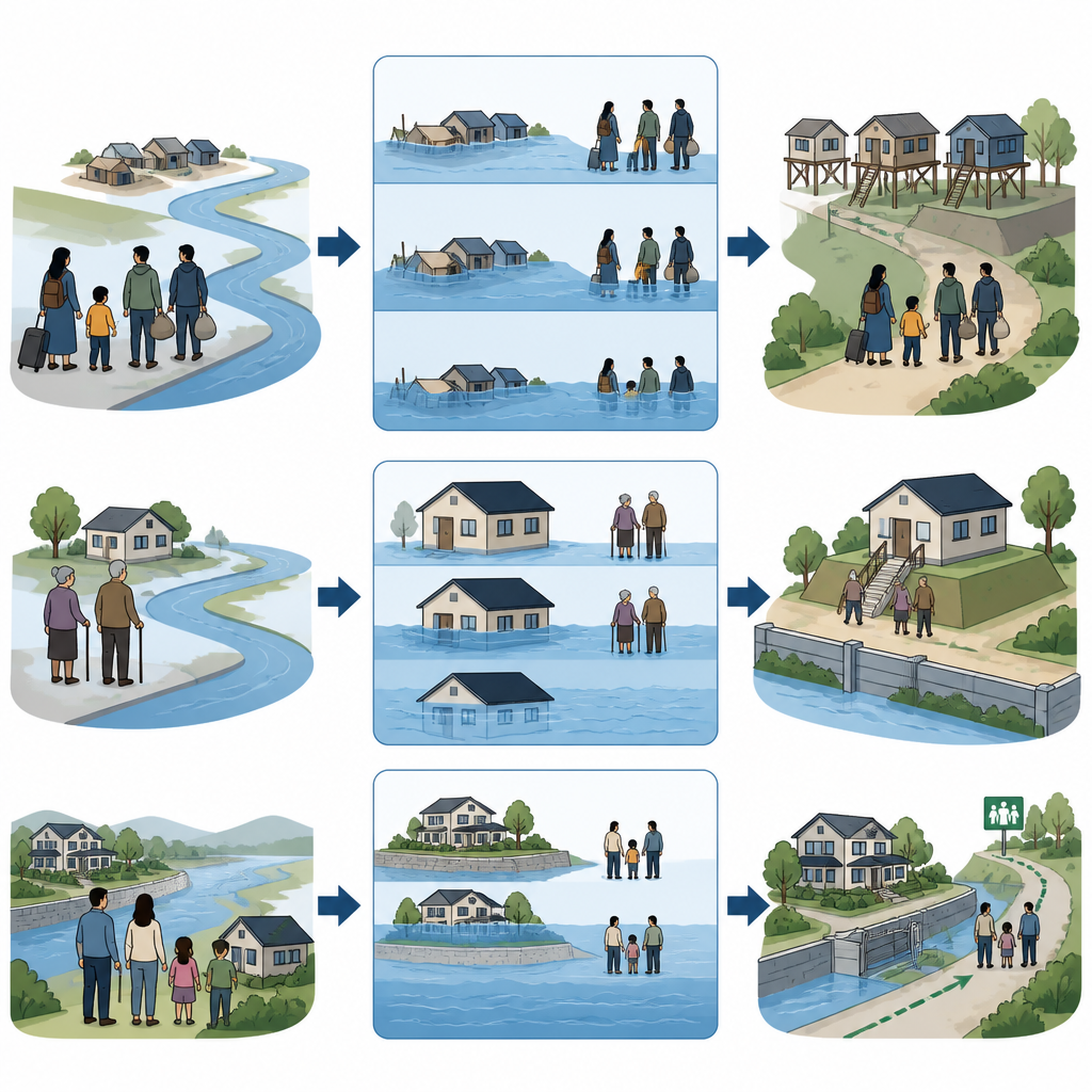 Figure 2. Come migranti, residenti anziani e comunità più ricche lungo i fiumi vivono il rischio di alluvione in modi diversi attraverso la Cina.